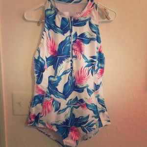 Floral zip up once piece swimsuit